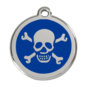 Placa para perro grande con calavera azul oscuro en esmalte y acero inoxidable