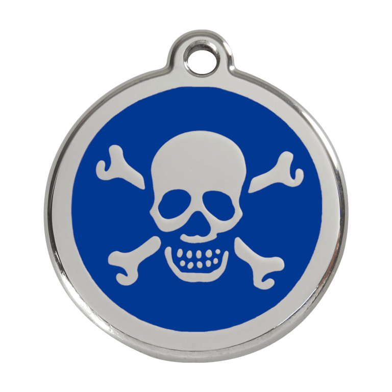 Vue avant - Médaille personnalisée pour chien Red Dingo Émail et acier inoxydable - Tête de mort - Bleu foncé - Talla L