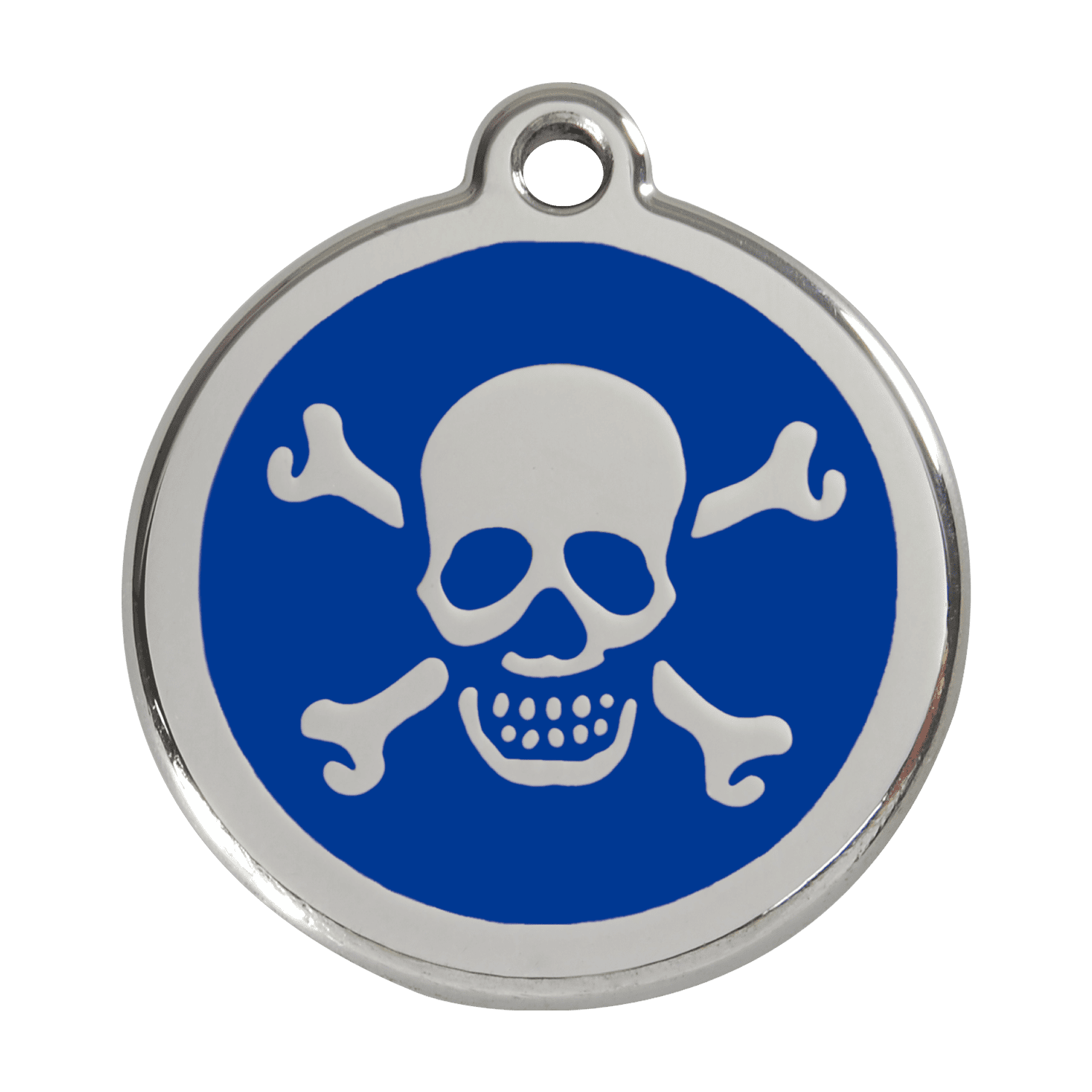 Vue avant - Médaille personnalisée pour chien Red Dingo Émail et acier inoxydable - Tête de mort - Bleu foncé - Talla L
