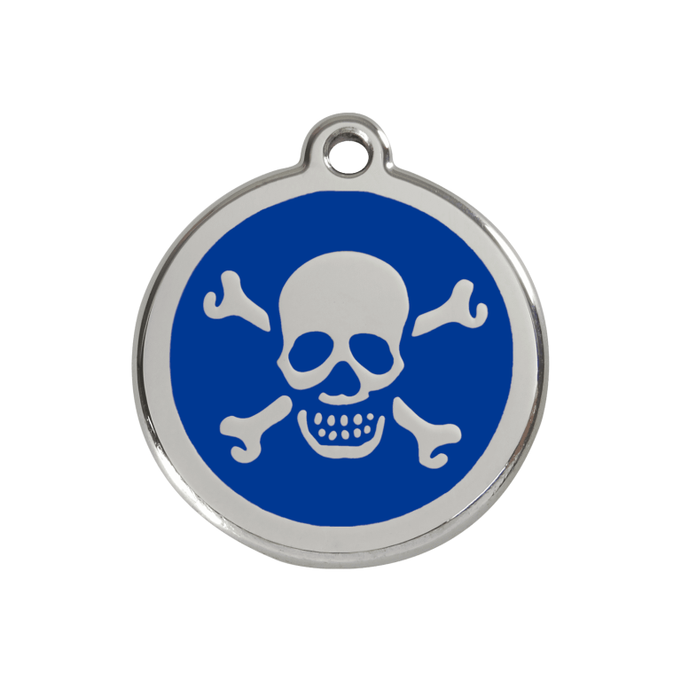 Vue avant - Médaille personnalisée pour chien Red Dingo Émail et acier inoxydable Tête de mort Bleu foncé - Talla M