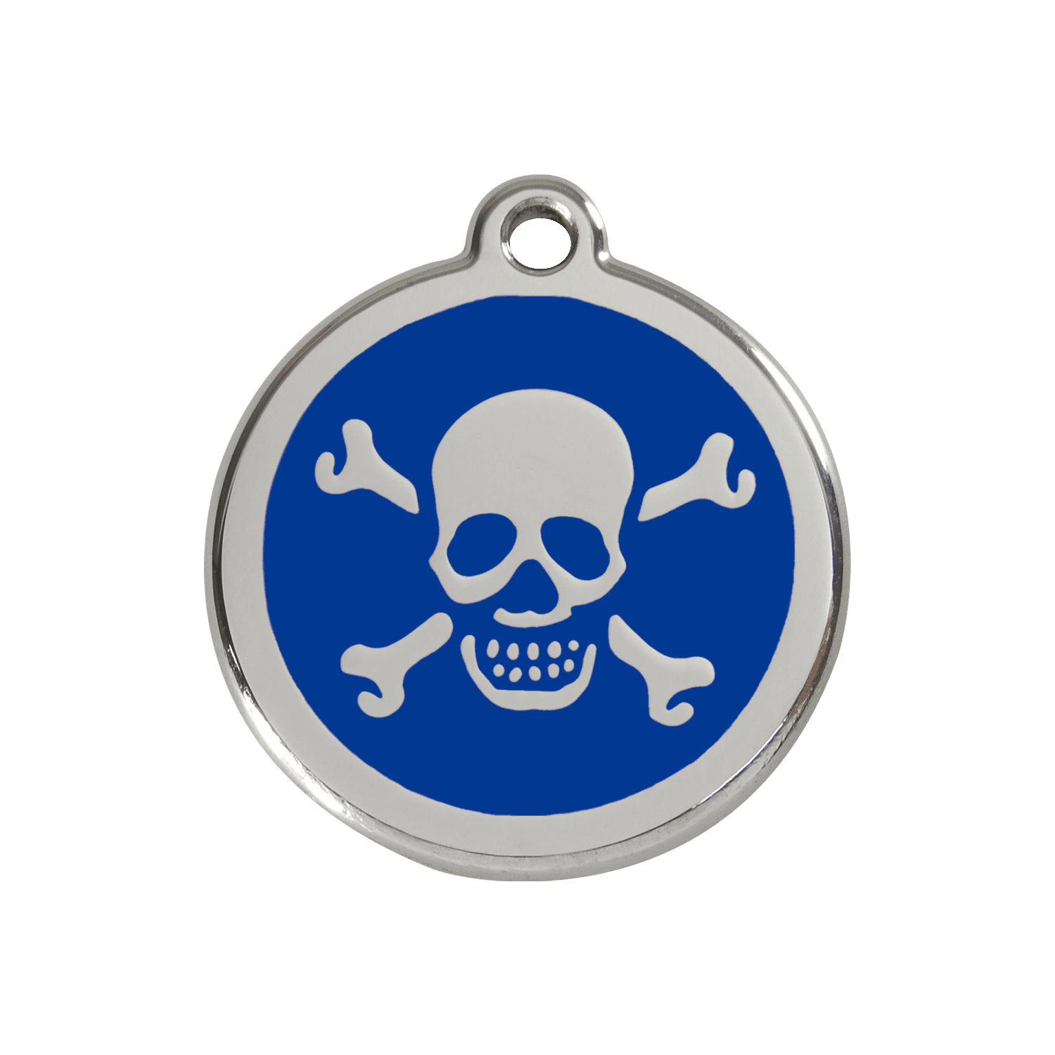 Vue avant - Médaille personnalisée pour chien Red Dingo Émail et acier inoxydable Tête de mort Bleu foncé - Talla M