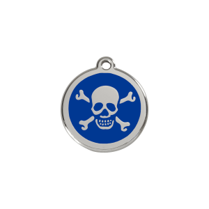 Placa para gato pequeña con diseño calavera azul oscuro en esmalte y acero inoxidable