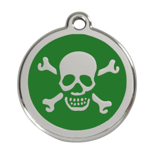 Placa para perro grande con calavera verde en esmalte y acero inoxidable