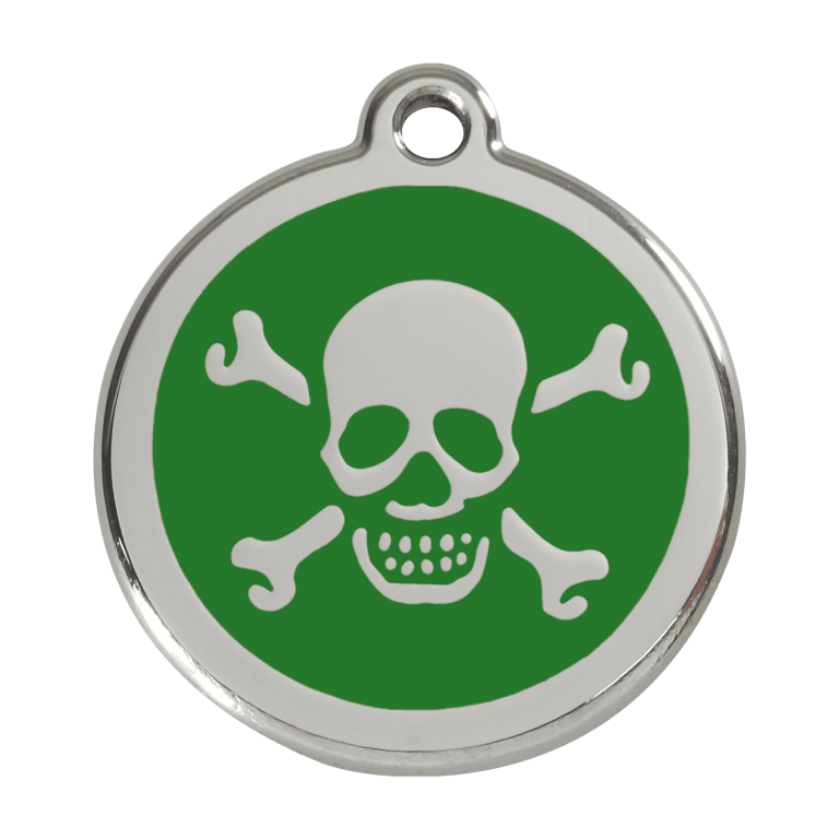 Vue avant - Médaille personnalisée pour chien Red Dingo Émail et acier inoxydable - Tête de mort - Vert - Talla L