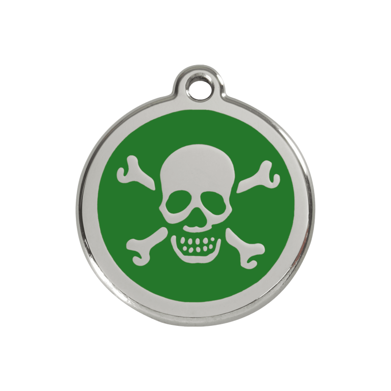 Vue avant - Médaille personnalisée pour chien/chat Red Dingo Émail et acier inoxydable - Tête de mort vert - Talla M
