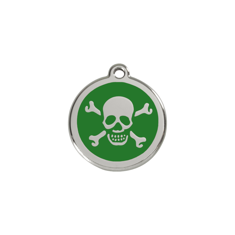Vue avant - Médaille personnalisée pour chien/chat Red Dingo Émail et acier inoxydable - Tête de mort vert - Talla S