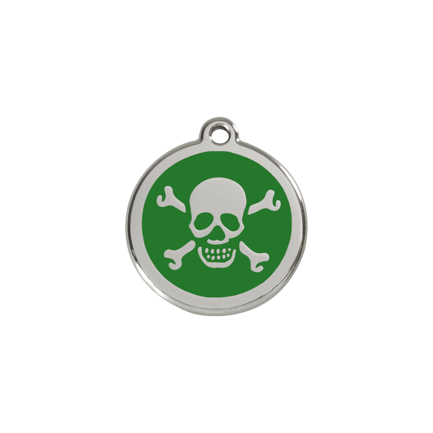 Vue avant - Médaille personnalisée pour chien/chat Red Dingo Émail et acier inoxydable - Tête de mort vert - Talla S
