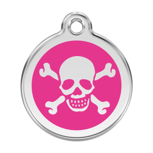 Placa para perro grande con calavera en esmalte rosa fuerte