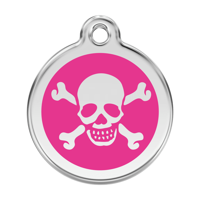 Vue avant - Médaille personnalisée pour chien Red Dingo Émail et acier inoxydable - Tête de mort - Rose vif - Talla L