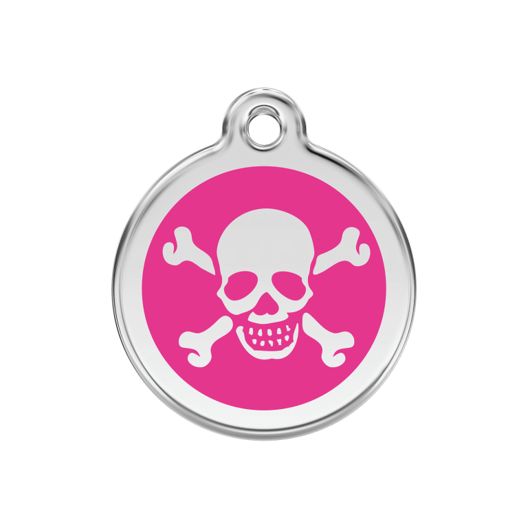 Vue avant - Médaille personnalisée Red Dingo Émail et acier inoxydable - Tête de mort - Rose vif - Talla M