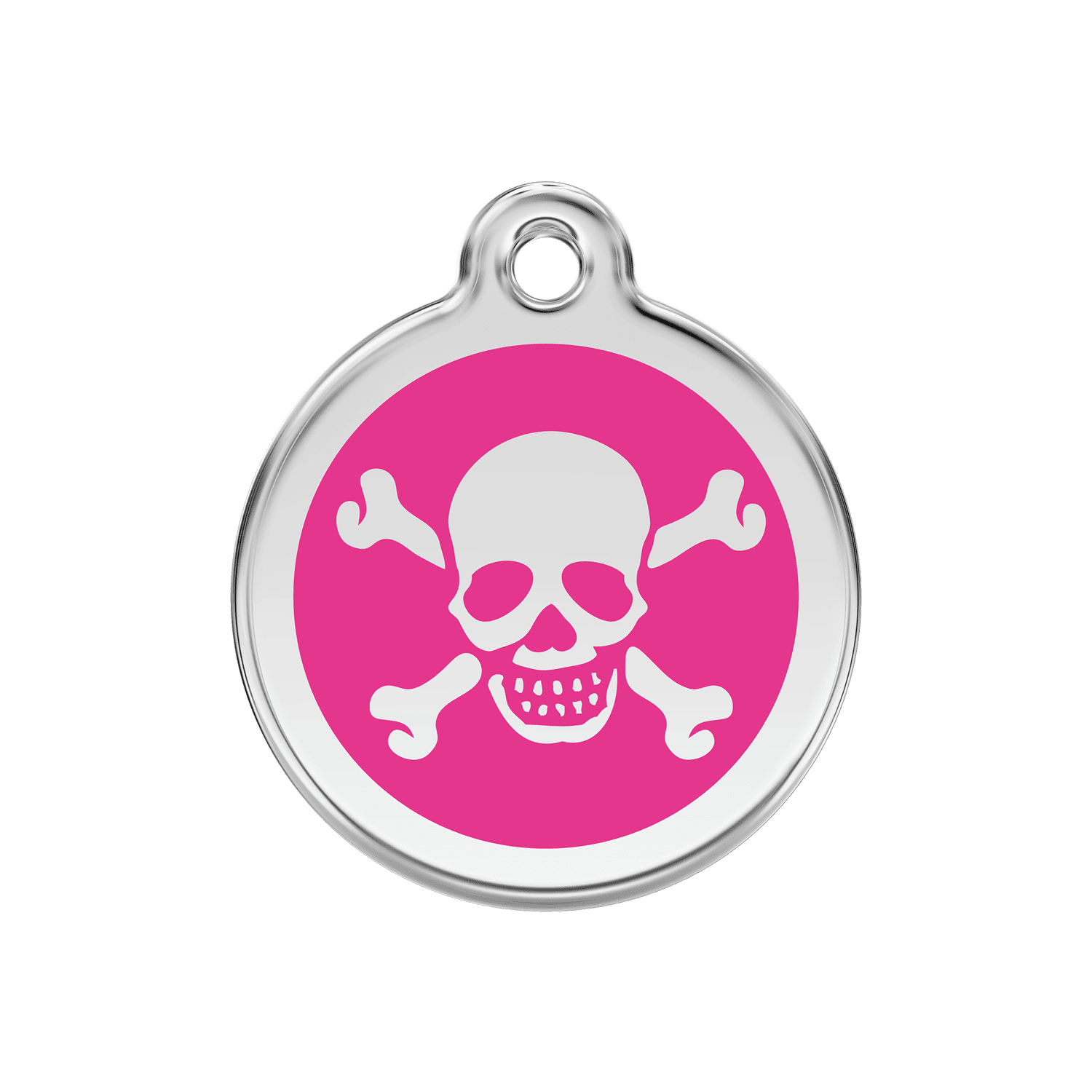 Vue avant - Médaille personnalisée Red Dingo Émail et acier inoxydable - Tête de mort - Rose vif - Talla M