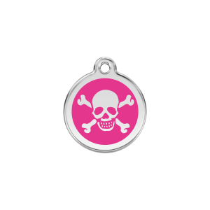 Placa para gato pequeña con diseño calavera en esmalte rosa vivo