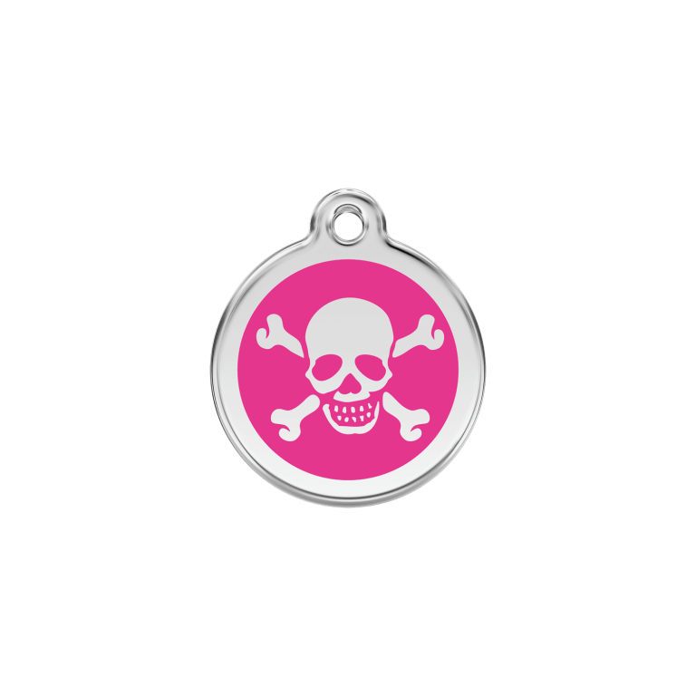 Vue avant - Médaille personnalisée en émail et acier inoxydable pour chat - Red Dingo - Tête de mort rose vif - Talla S