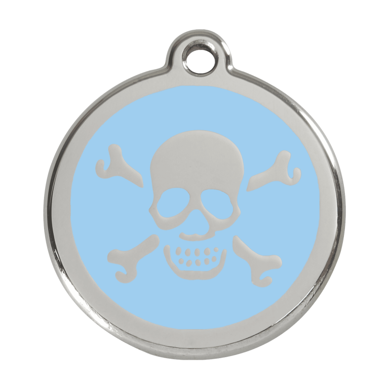 Vue avant - Médaille personnalisée pour chien Red Dingo Émail et acier inoxydable - Tête de mort bleu clair - Talla L