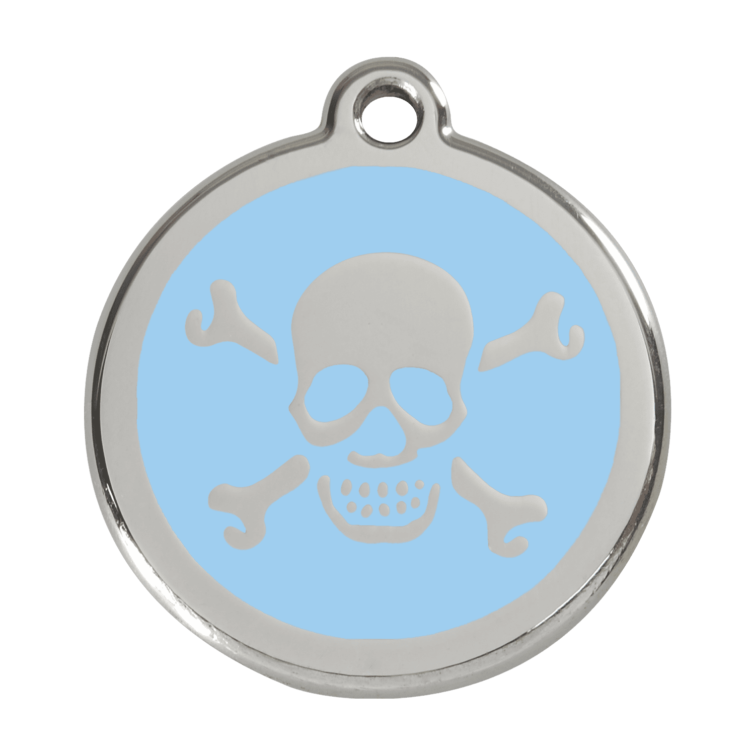 Vue avant - Médaille personnalisée pour chien Red Dingo Émail et acier inoxydable - Tête de mort bleu clair - Talla L