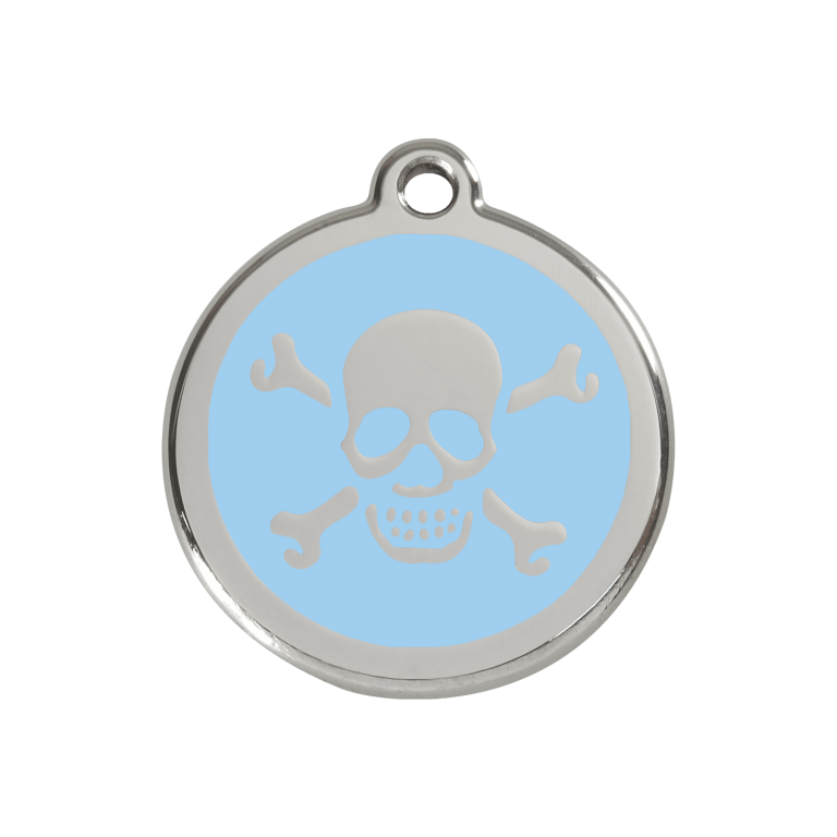 Vue avant - Médaille personnalisée pour chien Red Dingo Émail et acier inoxydable - Tête de mort bleu clair - Talla M