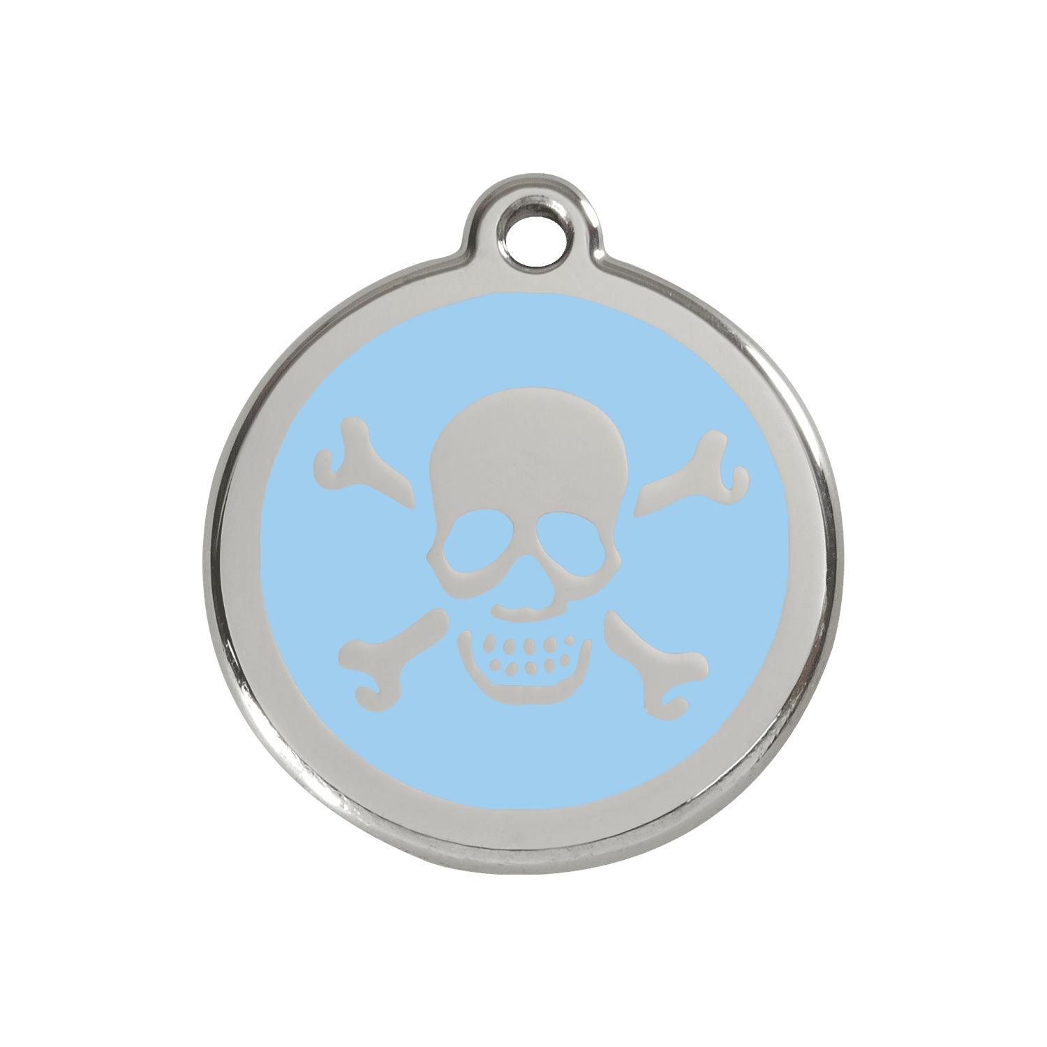 Vue avant - Médaille personnalisée pour chien Red Dingo Émail et acier inoxydable - Tête de mort bleu clair - Talla M