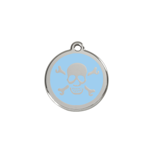Placa para gato pequeña calavera azul claro en esmalte y acero inoxidable