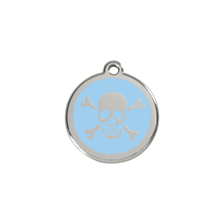 Vue avant - Médaille personnalisée pour chien/chat Red Dingo Émail et acier inoxydable - Tête de mort bleu clair - Talla S
