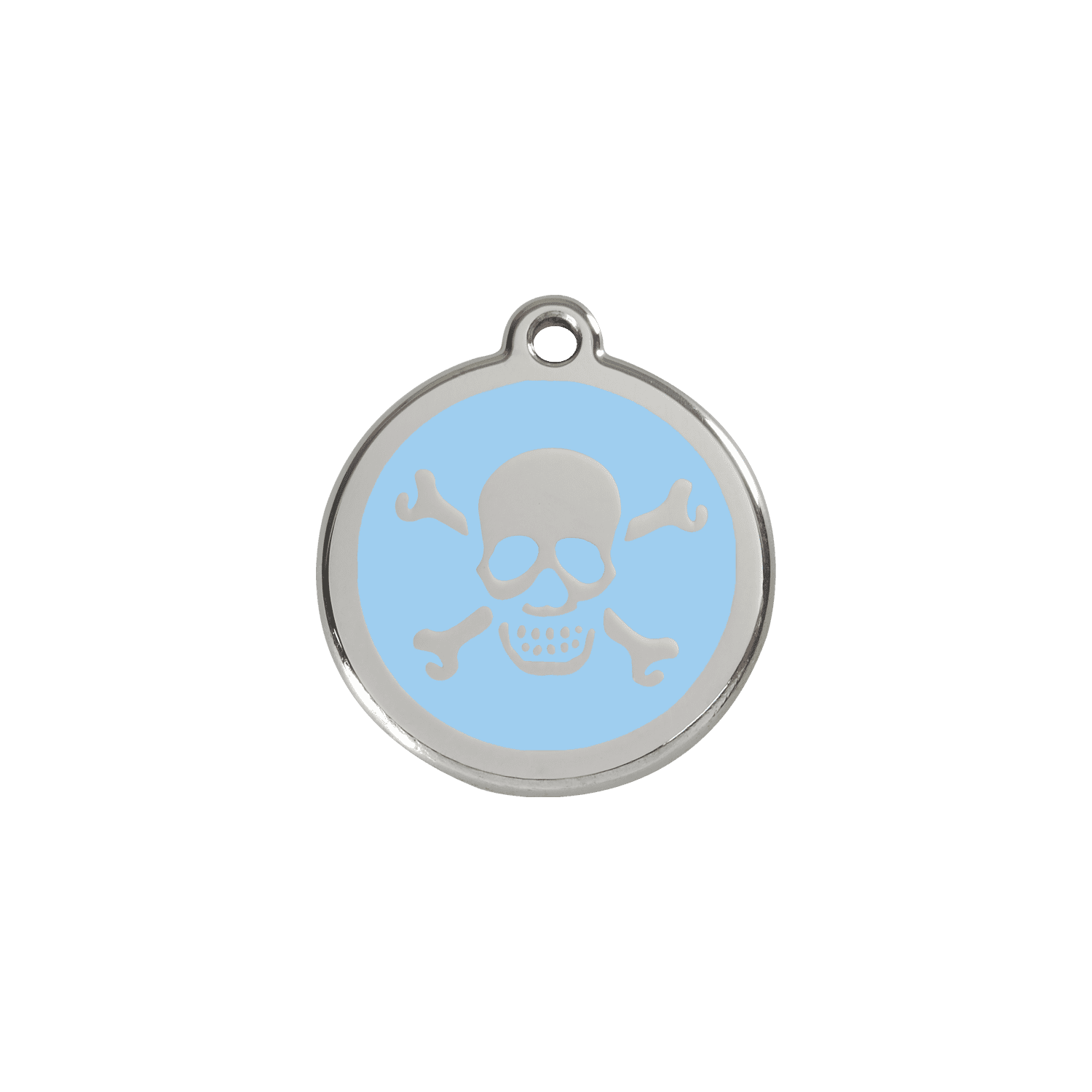 Vue avant - Médaille personnalisée pour chien/chat Red Dingo Émail et acier inoxydable - Tête de mort bleu clair - Talla S