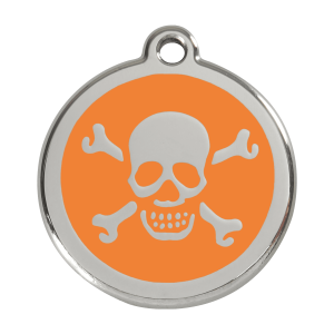 Placa para perro grande con calavera naranja en esmalte y acero inoxidable