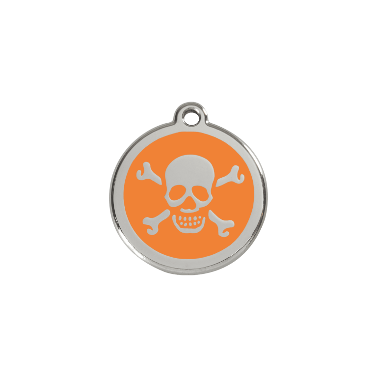 Vue avant - Médaille personnalisée pour chien/chat Red Dingo Émail et acier inoxydable - Tête de mort orange - Talla S