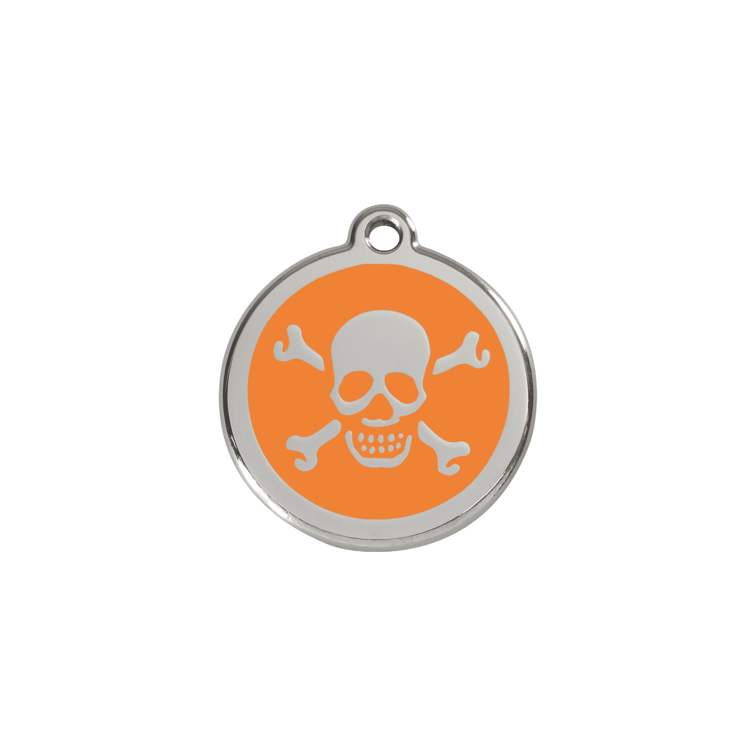 Vue avant - Médaille personnalisée pour chien/chat Red Dingo Émail et acier inoxydable - Tête de mort orange - Talla S