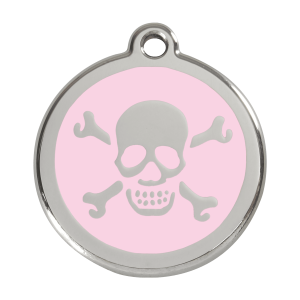 Placa para perro grande con calavera rosa en esmalte y acero inoxidable