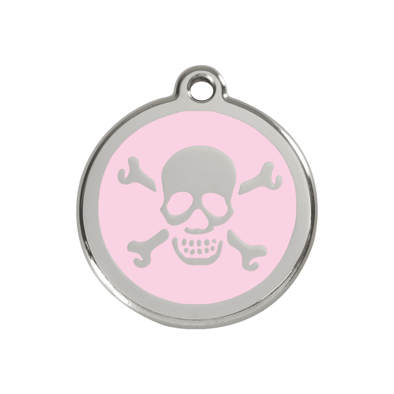 Vue avant - Médaille personnalisée pour chien/chat Red Dingo rose en émail et acier inoxydable - Tête de mort - Talla M