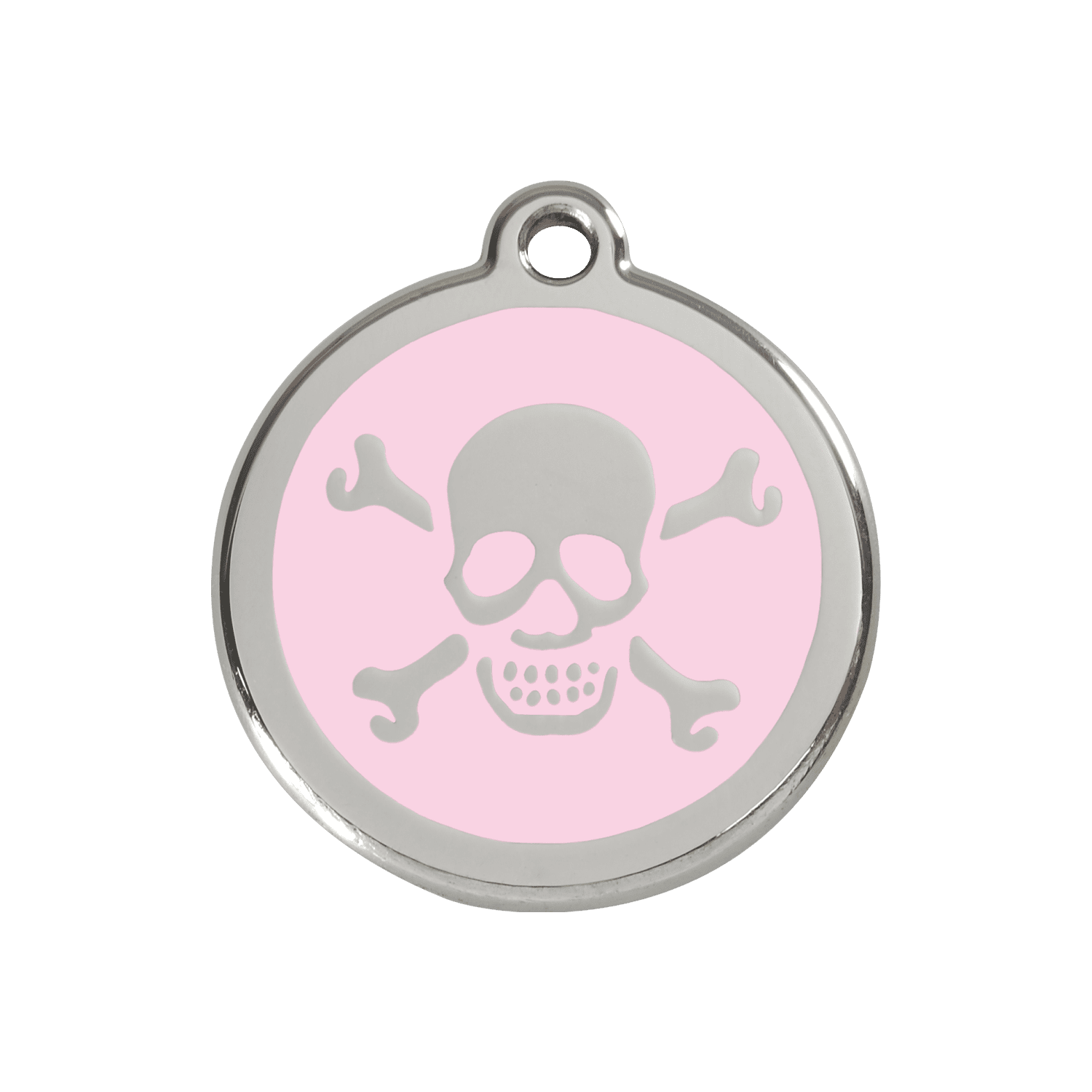 Vue avant - Médaille personnalisée pour chien/chat Red Dingo rose en émail et acier inoxydable - Tête de mort - Talla M