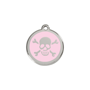 Placa para gato pequeña con diseño calavera rosa en esmalte y acero inoxidable