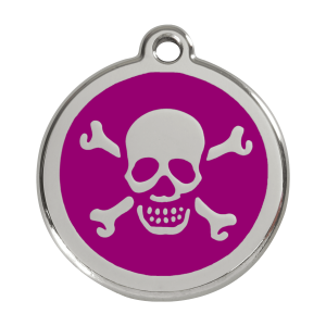Placa para perro grande con calavera en esmalte violeta y acero inoxidable