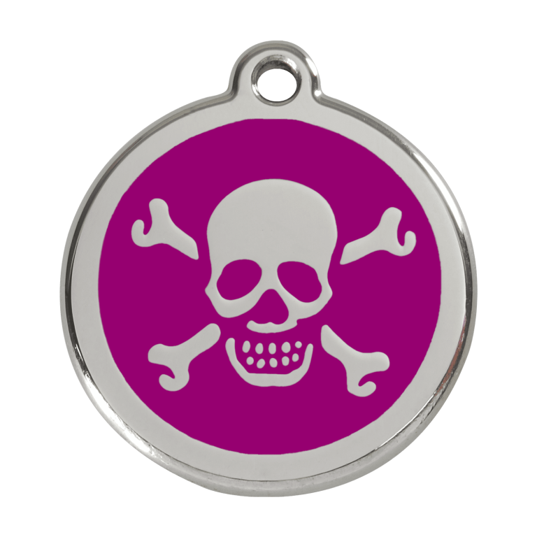Vue avant - Médaille personnalisée pour chien Red Dingo Émail et acier inoxydable - Tête de mort violet - Talla L