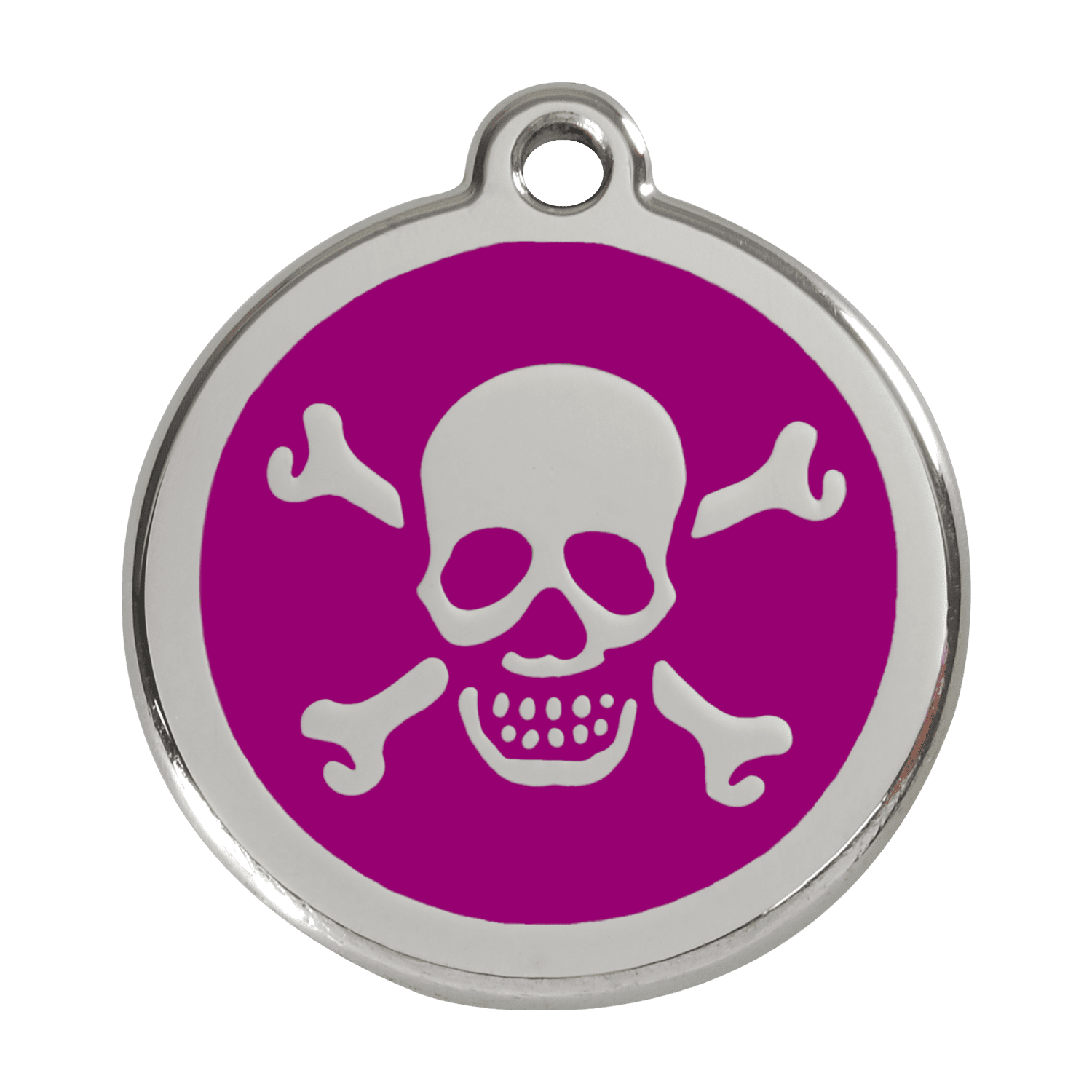 Vue avant - Médaille personnalisée pour chien Red Dingo Émail et acier inoxydable - Tête de mort violet - Talla L