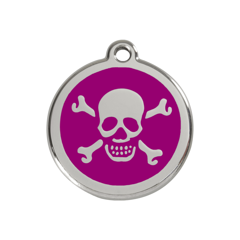 Vue avant - Médaille personnalisée pour chien ou chat - Red Dingo Émail et acier inoxydable - Tête de mort violet - Talla M