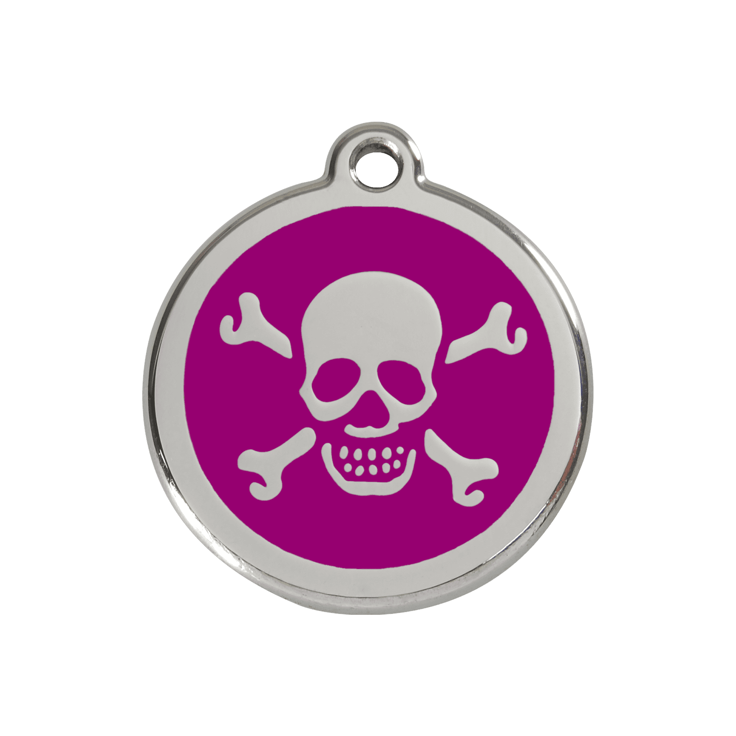 Vue avant - Médaille personnalisée pour chien ou chat - Red Dingo Émail et acier inoxydable - Tête de mort violet - Talla M