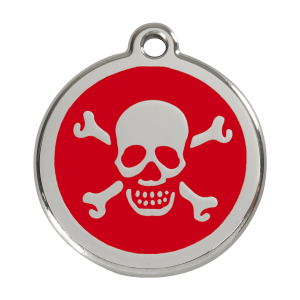 Placa para perro grande con calavera roja en esmalte y acero inoxidable