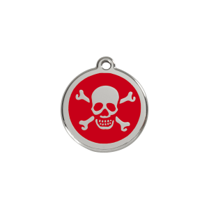 Placa para gato pequeña con calavera roja en esmalte y acero inoxidable