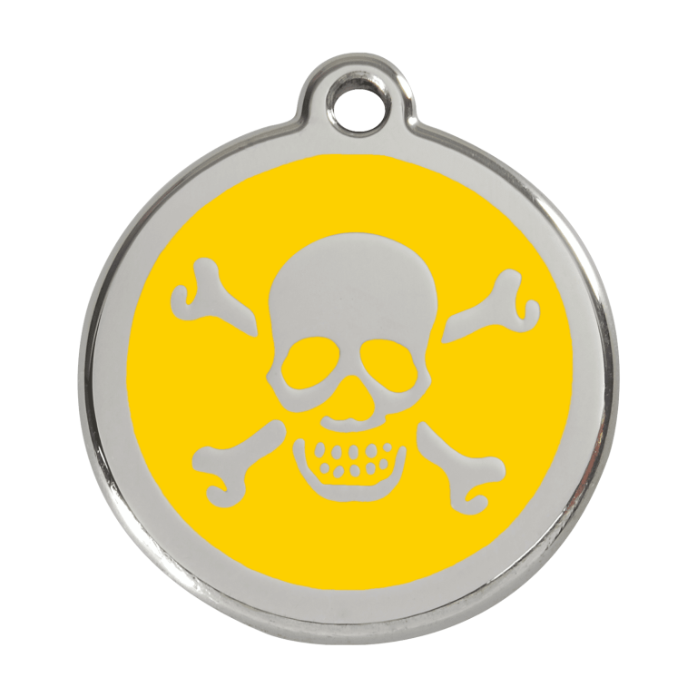 Vue avant - Médaille personnalisée pour chien ou chat - Red Dingo Émail et acier inoxydable - Tête de mort jaune - Talla L