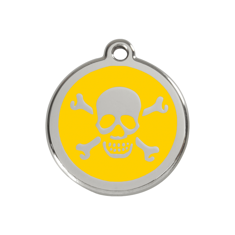 Vue avant - Médaille personnalisée pour chien/chat Red Dingo Émail/Acier Jaune 30mm - Tête de mort - Talla M
