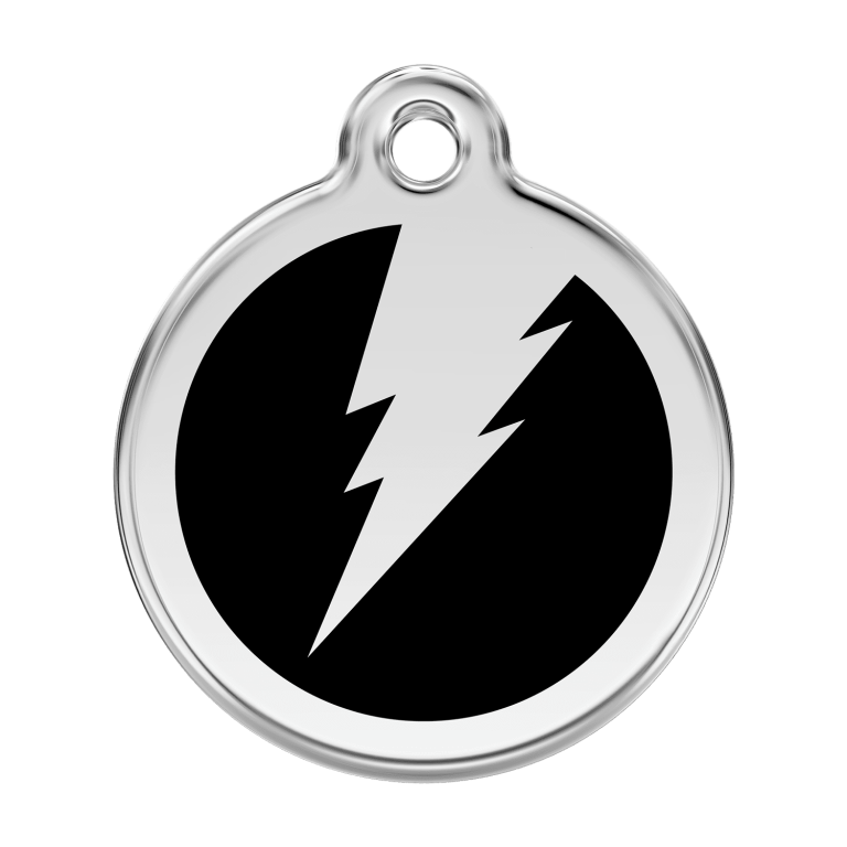 Vue avant - Médaille personnalisée pour chien Red Dingo Émail et acier inoxydable - Motif éclair - Noir - Talla L