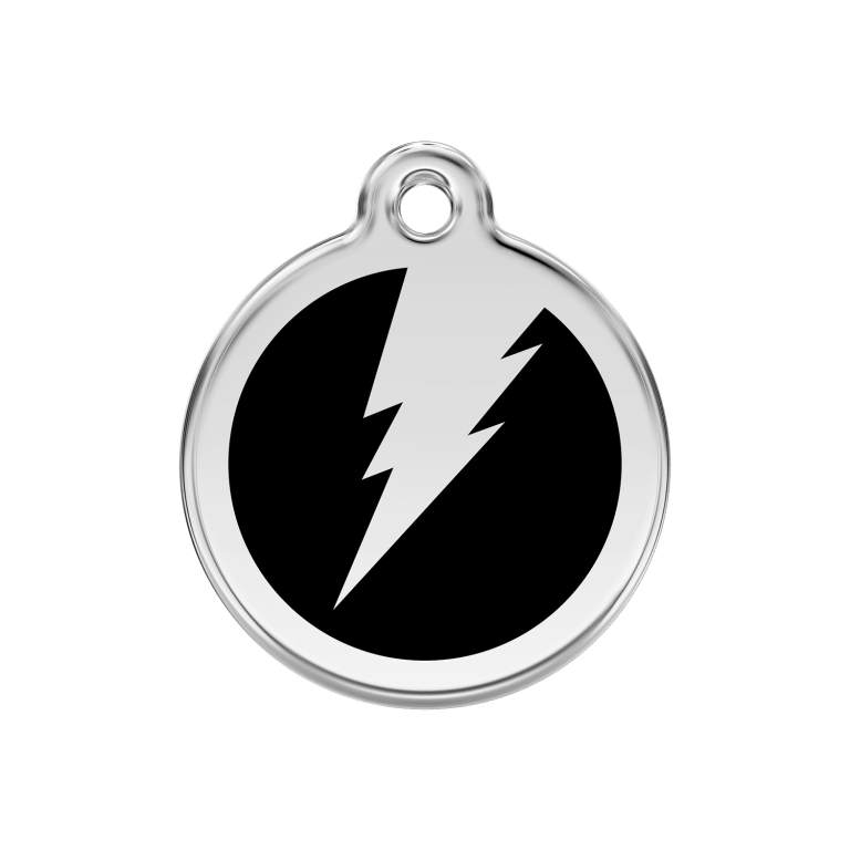 Vue avant - Médaille personnalisée pour chien Red Dingo Émail et acier inoxydable - Motif éclair noir - Talla M