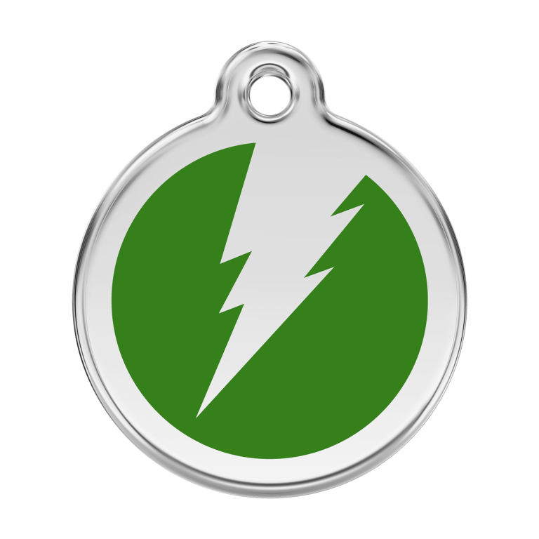 Vue avant - Médaille personnalisée pour chien en émail et acier inoxydable - Design éclair vert - Talla L - Red Dingo