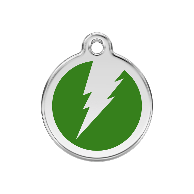 Vue avant - Médaille personnalisée pour chien en émail et acier inoxydable Red Dingo - Motif éclair vert - Talla M