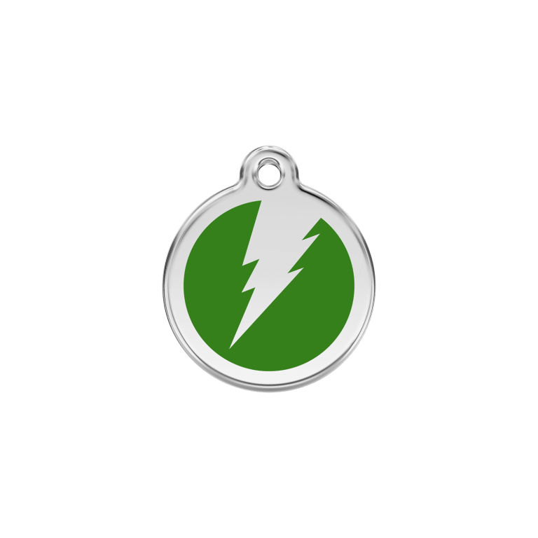 Vue avant - Médaille personnalisable pour chien/chat Red Dingo Émail et acier inoxydable - Motif éclair vert - Talla S