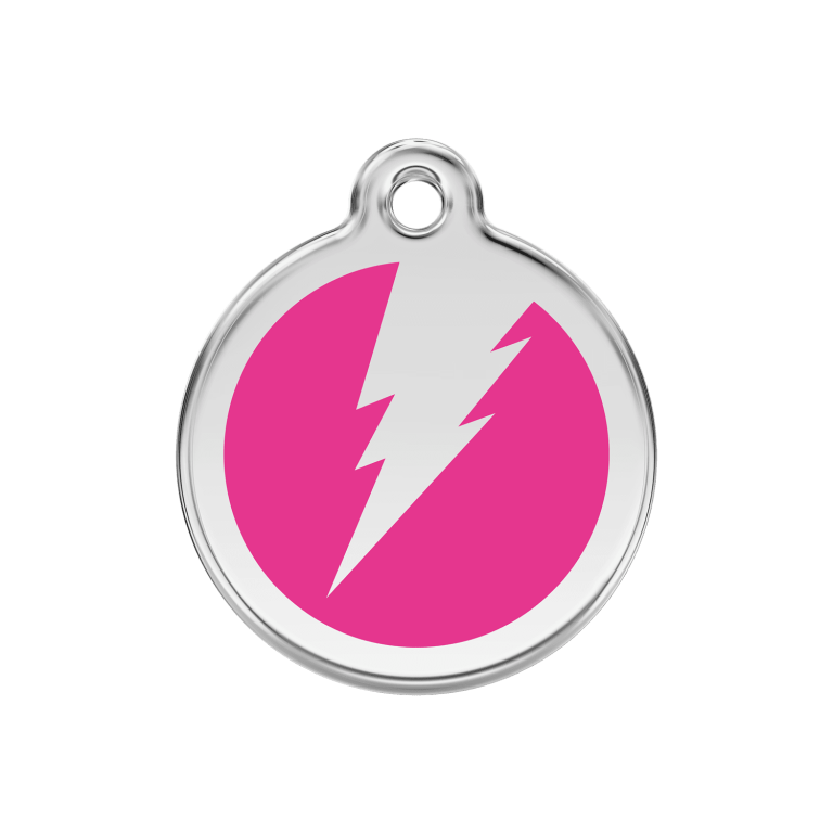 Vue avant - Médaille personnalisée pour chien Red Dingo Émail et acier inoxydable - Motif éclair - Rose vif - Talla M