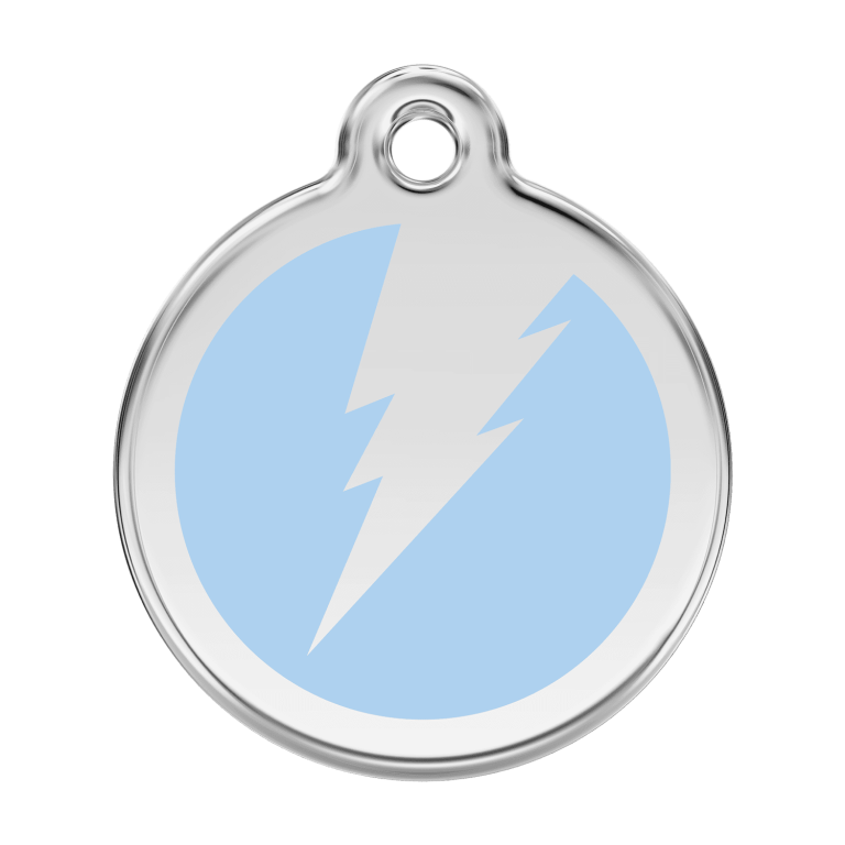 Vue avant - Médaille personnalisable pour chien Red Dingo Émail et acier inoxydable - Motif éclair - Bleu clair - Talla L