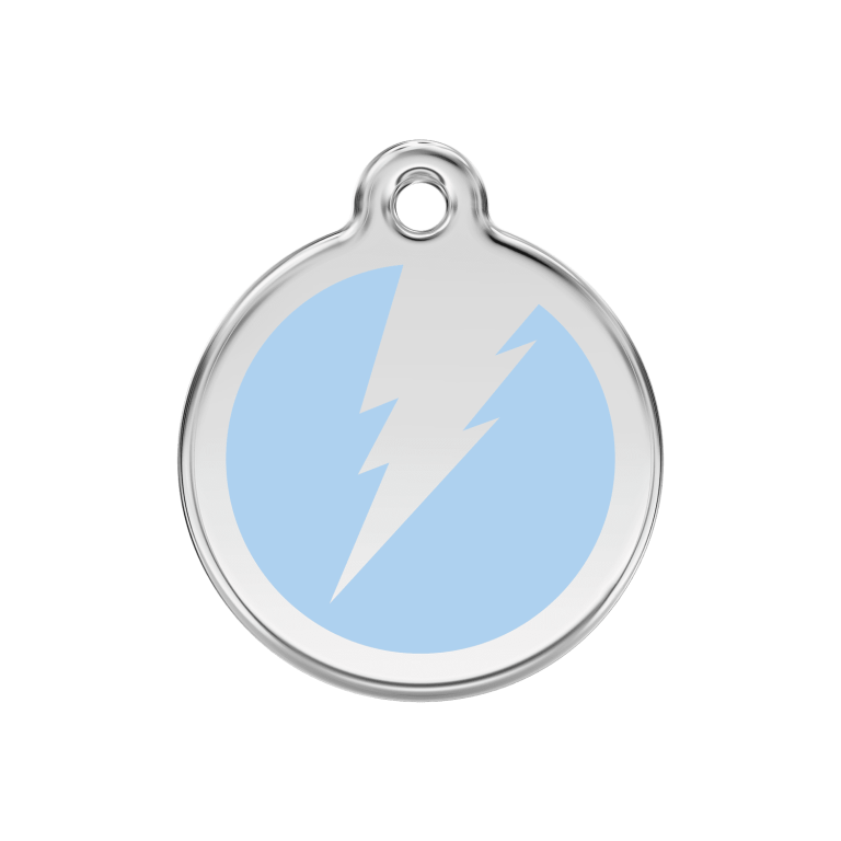 Vue avant - Médaille personnalisée pour chien Red Dingo Émail et acier inoxydable - Motif éclair - Bleu clair - Talla M