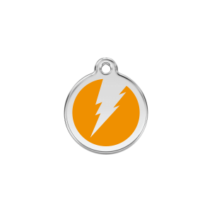 Placa para gato pequeña diseño Rayo en esmalte naranja y acero inoxidable