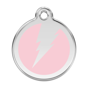 Placa para perro grande en esmalte rosa y acero inoxidable con diseño rayo